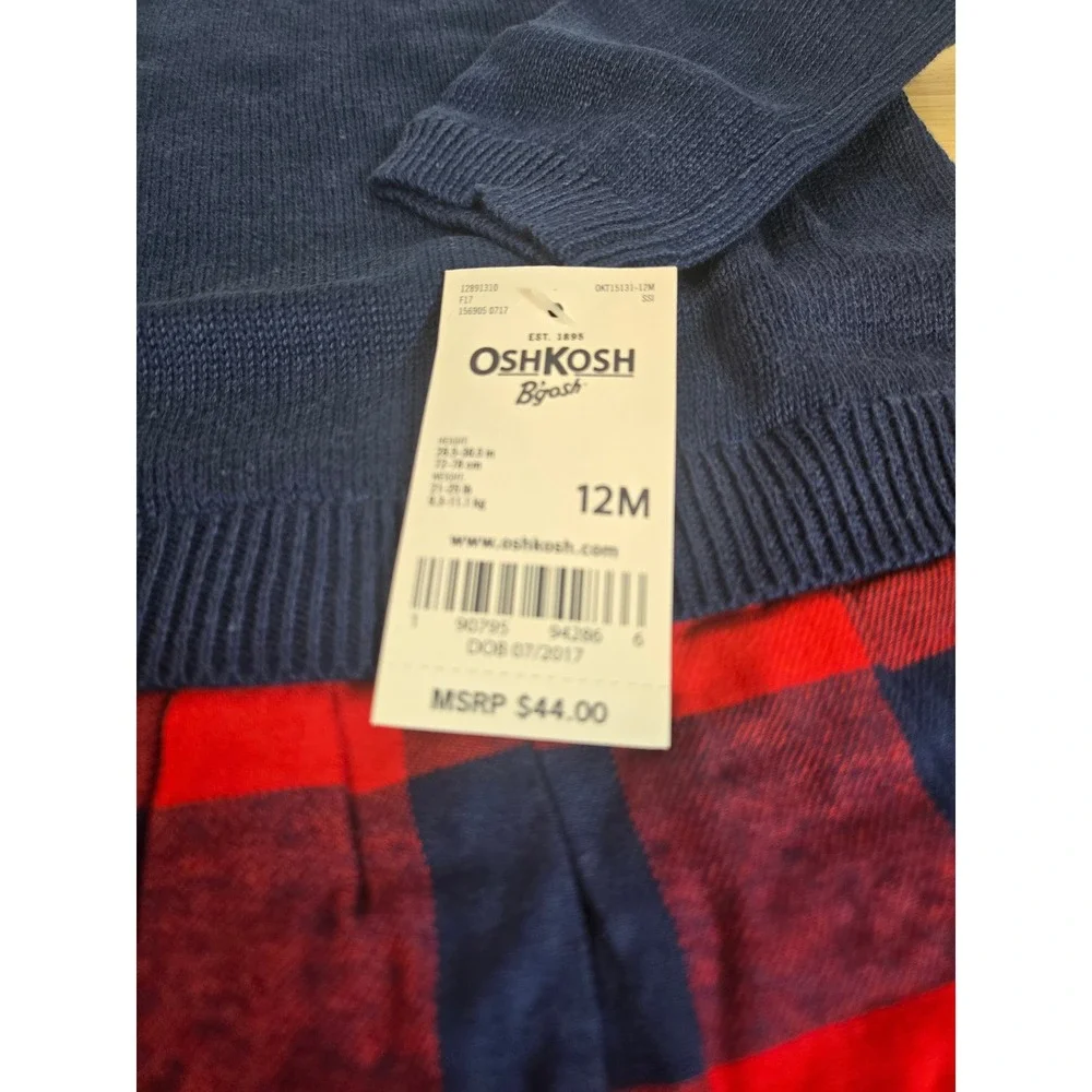 OshKosh Bgosh Baby Girls Navy Red Buffalo Plaid Sweater Dress Set 12M NWT